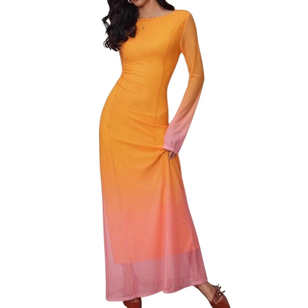 NWT Cider Miami Sunset Vacation Mesh Orange Pink Gradient Maxi Dress Size XXS